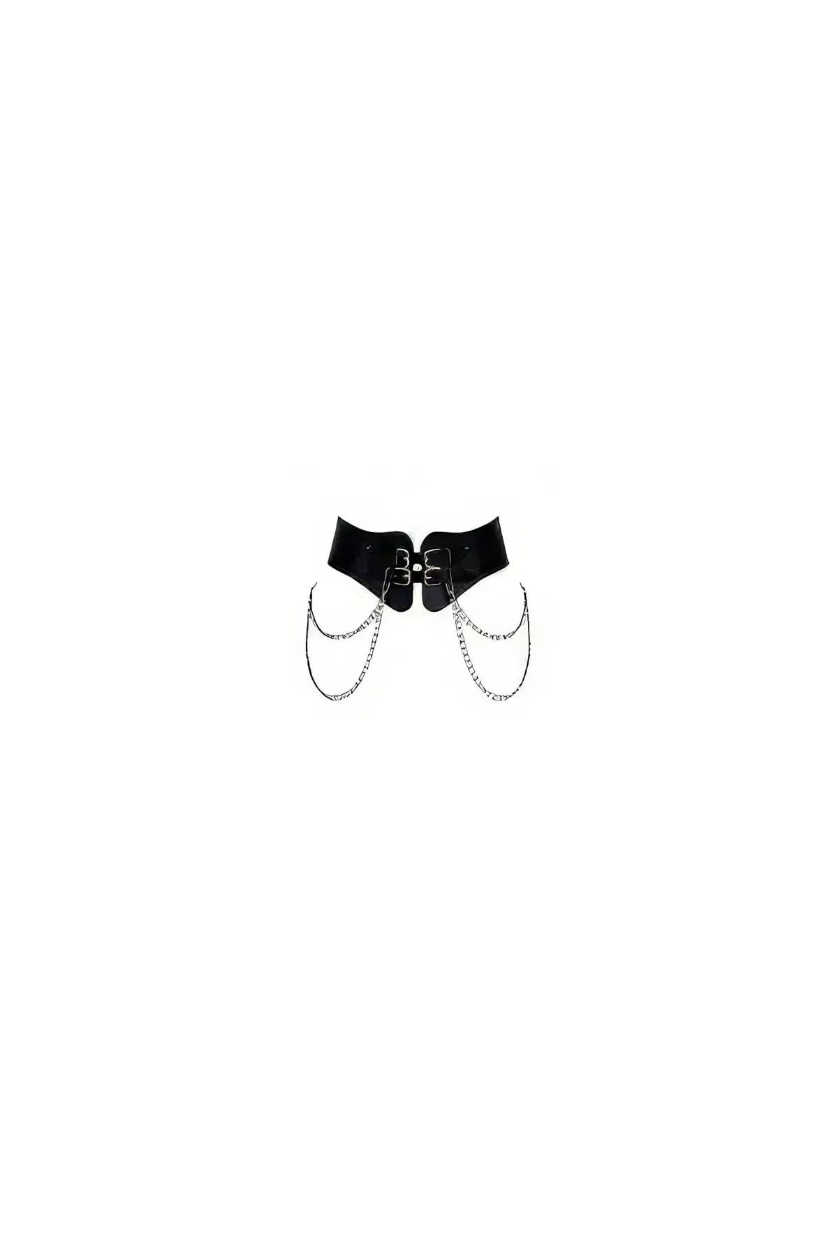 Wide Faux Leather Corset Belt with Double Buckles & Chains