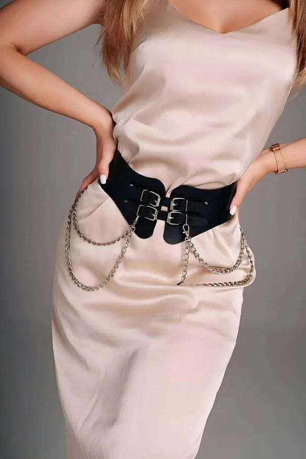 Womens Wide Chain Belt with Double Buckles & Adjustable Cinch