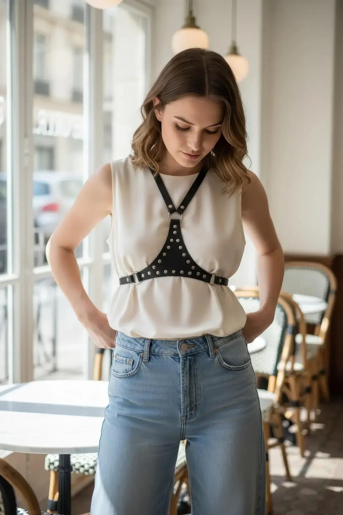 Studded Faux Leather Chest Harness Shoulder Accessory