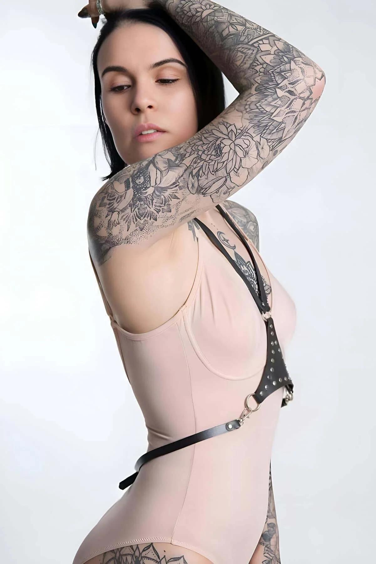 Leather Body Harness with Studded Triangle Detail