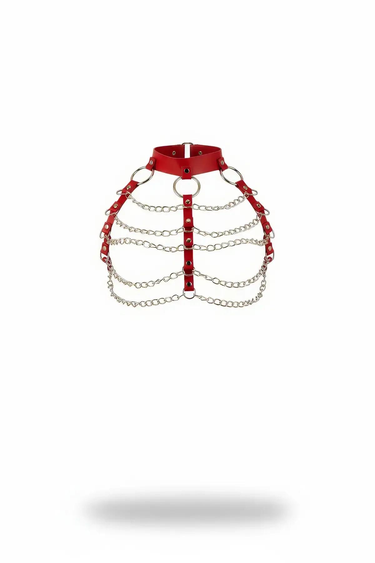 Red Faux Leather Choker Chest Harness with Layered Chains