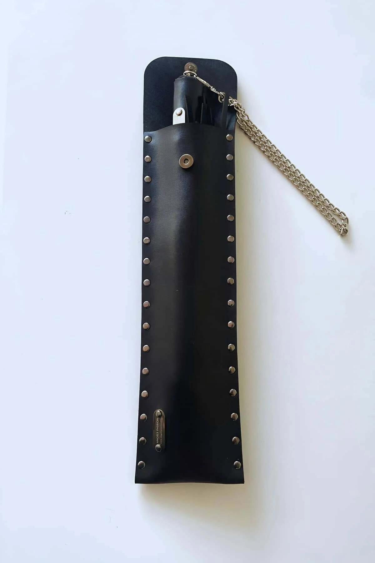 Leather Whip with Studded Holster & Heavy-Duty Chain