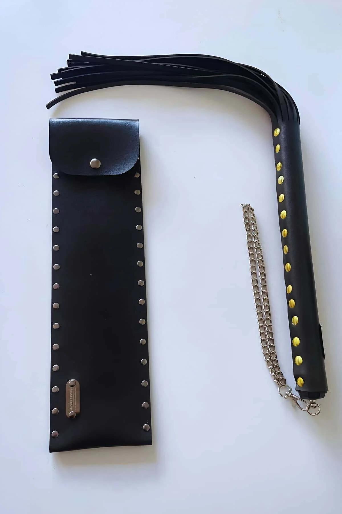 Leather Whip with Studded Holster & Heavy-Duty Chain