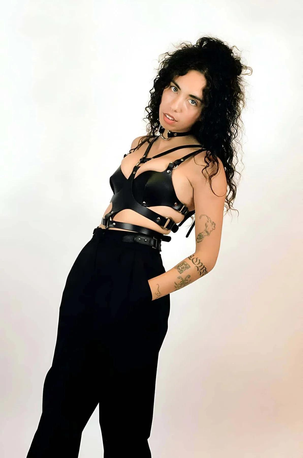 Leather Body Harness with Choker and Bra Top Design