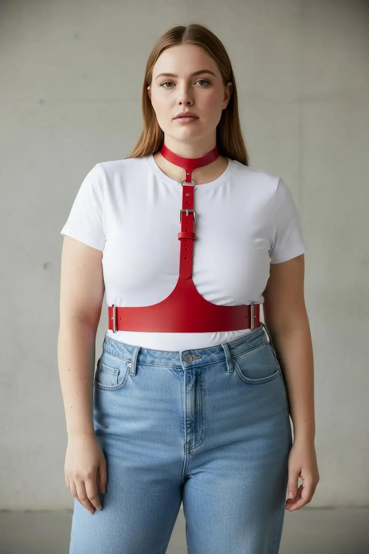 Red Underbust Harness & Choker Set with Buckle Details