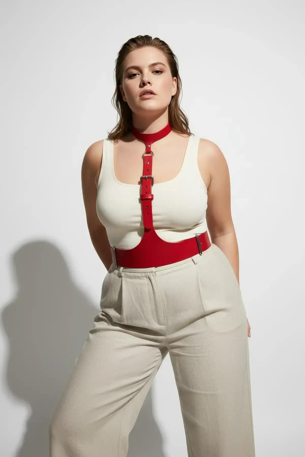 Red Underbust Harness & Choker Set with Buckle Details