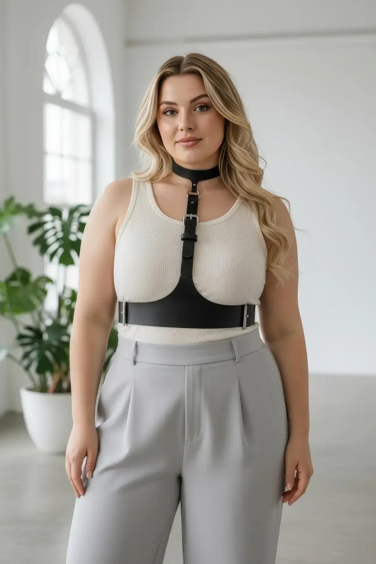 Faux Leather Choker Underbust Harness with Buckles