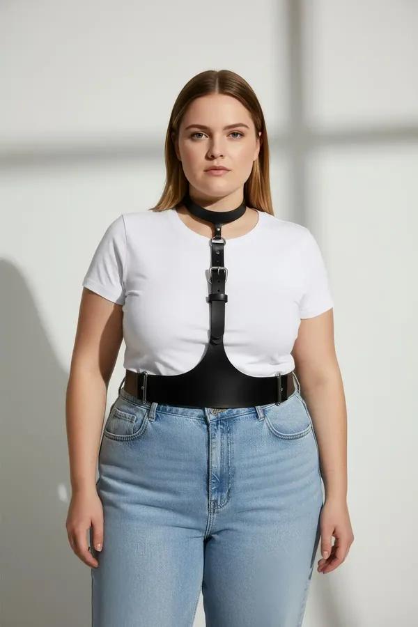 Faux Leather Choker Underbust Harness with Buckles