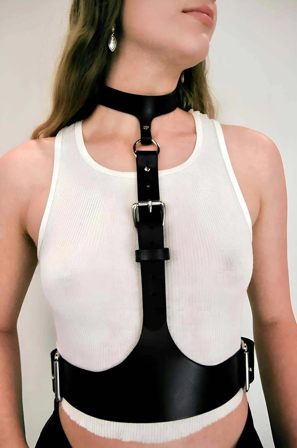 Women's Leather Body Harness | Adjustable Neck & Waist Belt