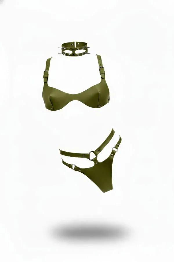 Faux Leather Bra, Panty, & Choker Harness Set with Studs