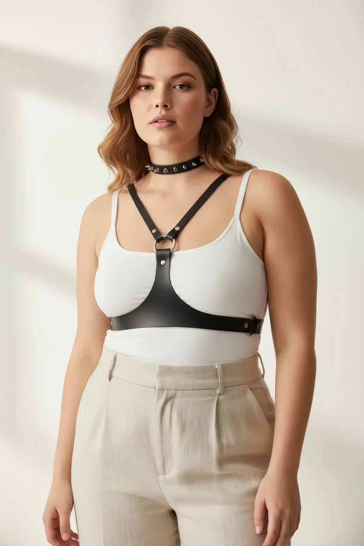 Studded Faux Leather Chest Harness & Integrated Choker
