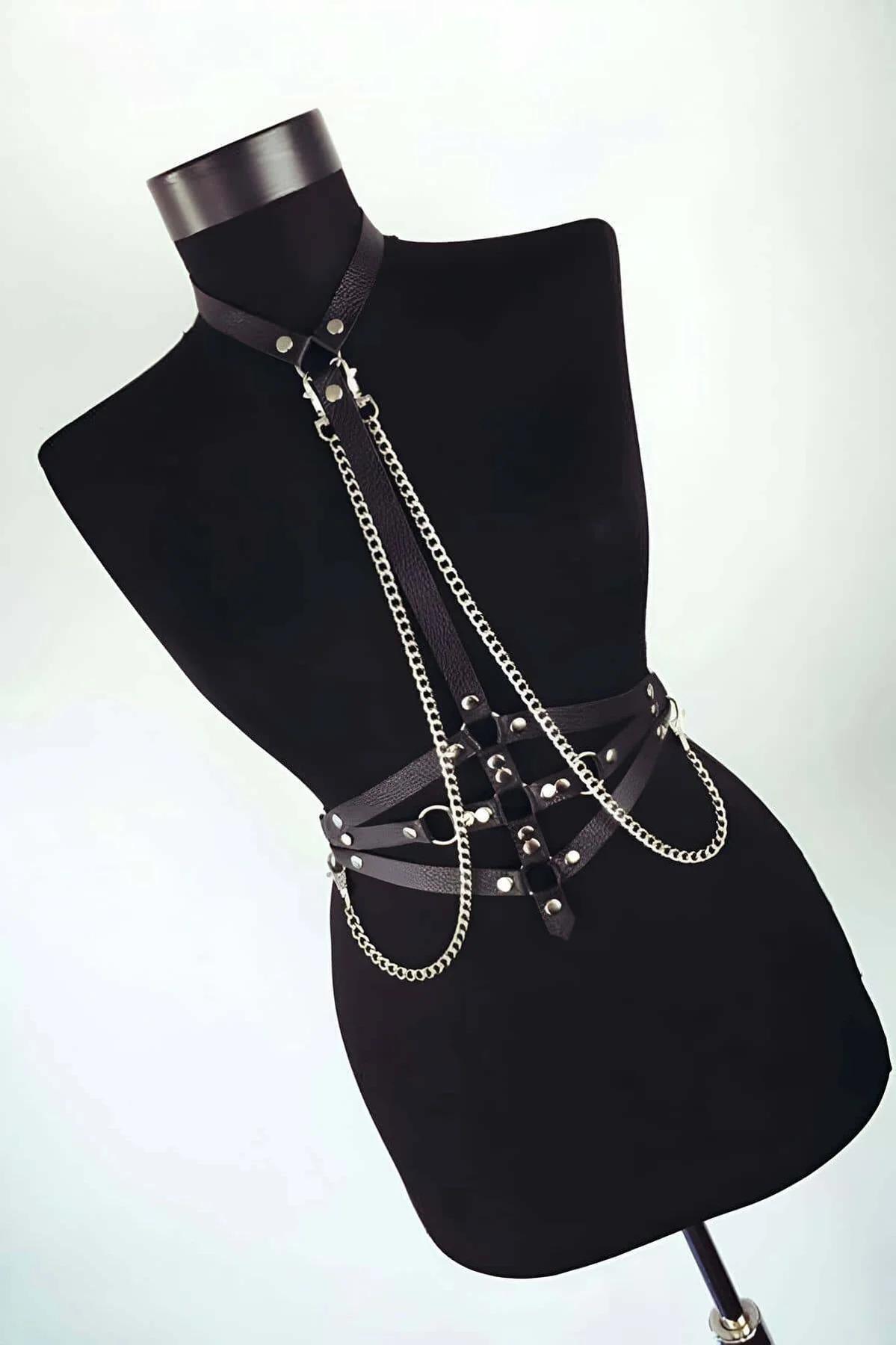Leather Body Harness with Chains - Adjustable Fashion
