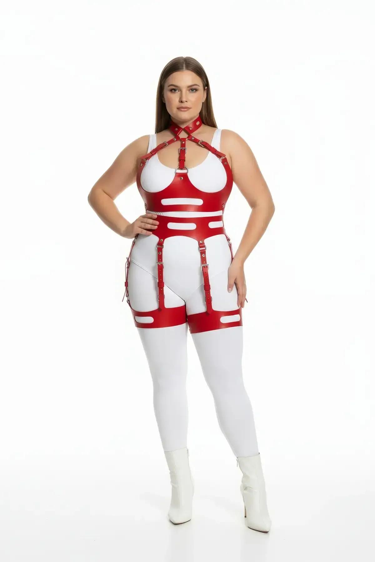 Red Faux Leather Body Harness with Garter Thigh Straps
