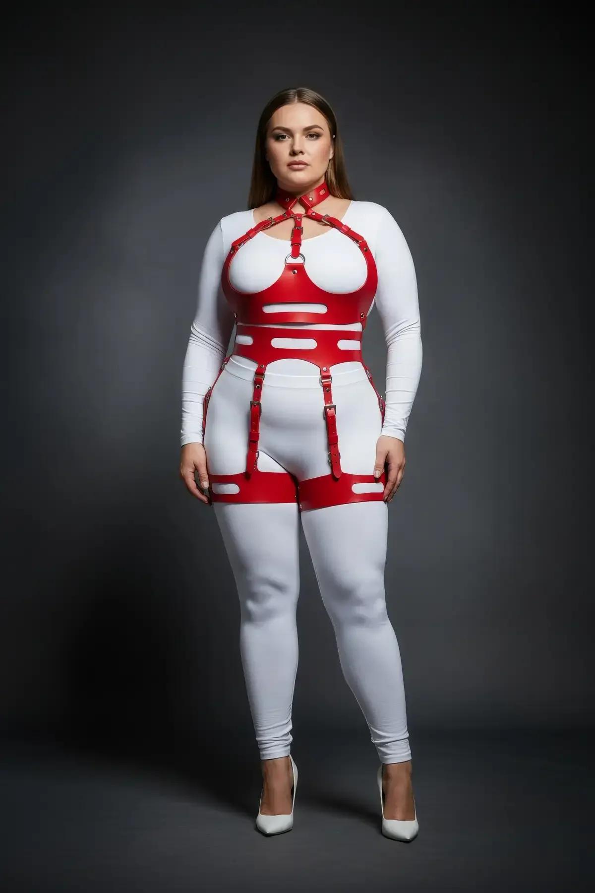 Red Faux Leather Body Harness with Garter Thigh Straps