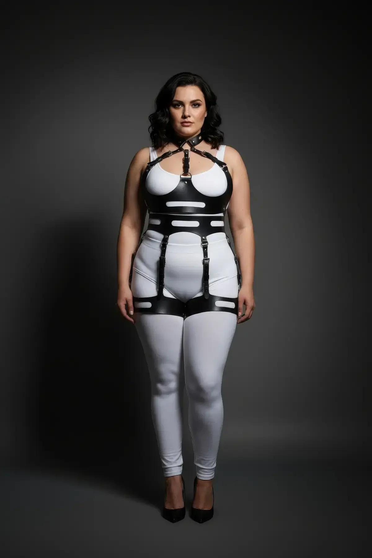 Black Vegan Leather Full Body Harness with Garter Straps