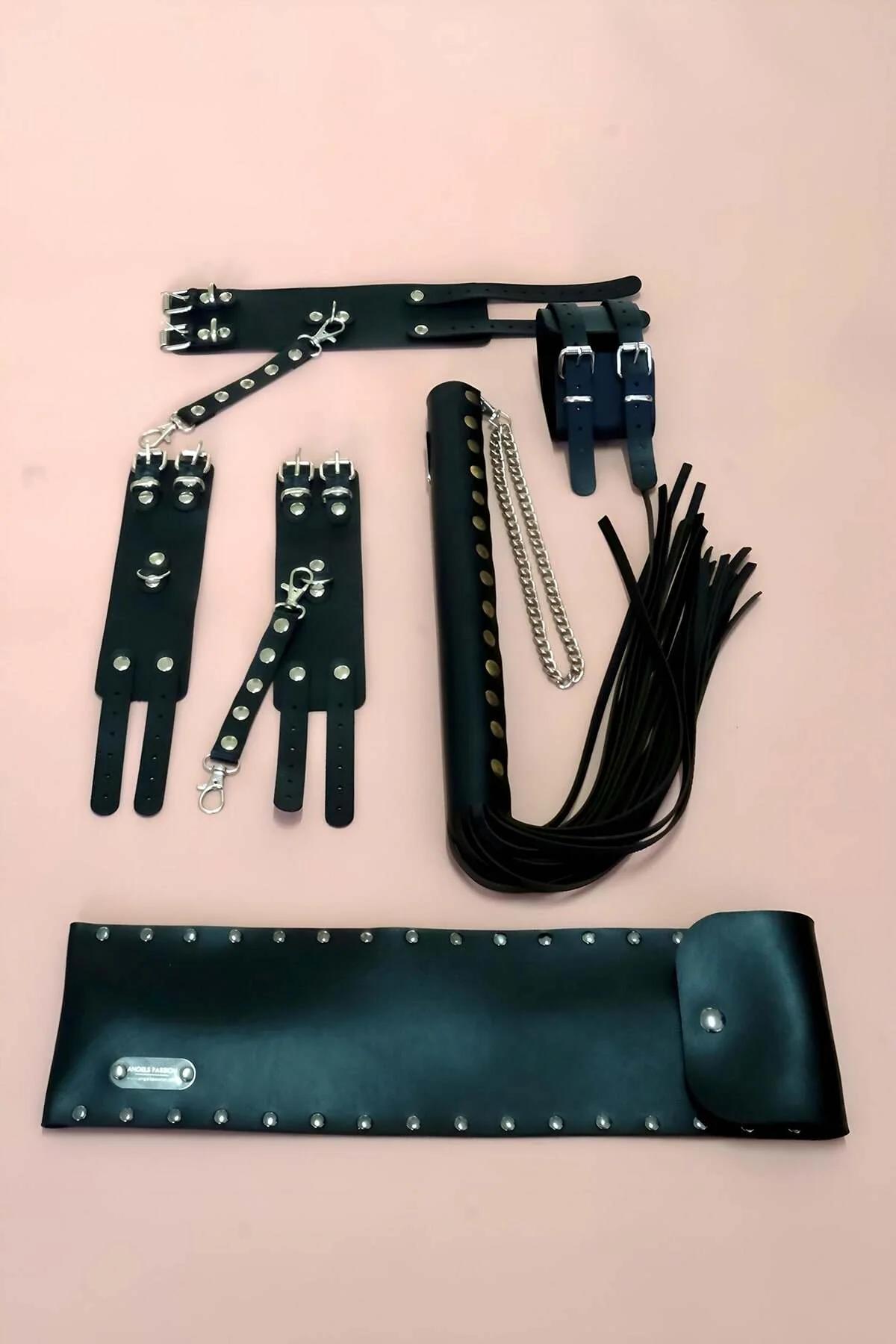 Premium BDSM Leather Restraint Kit with Cuffs & Whip Set