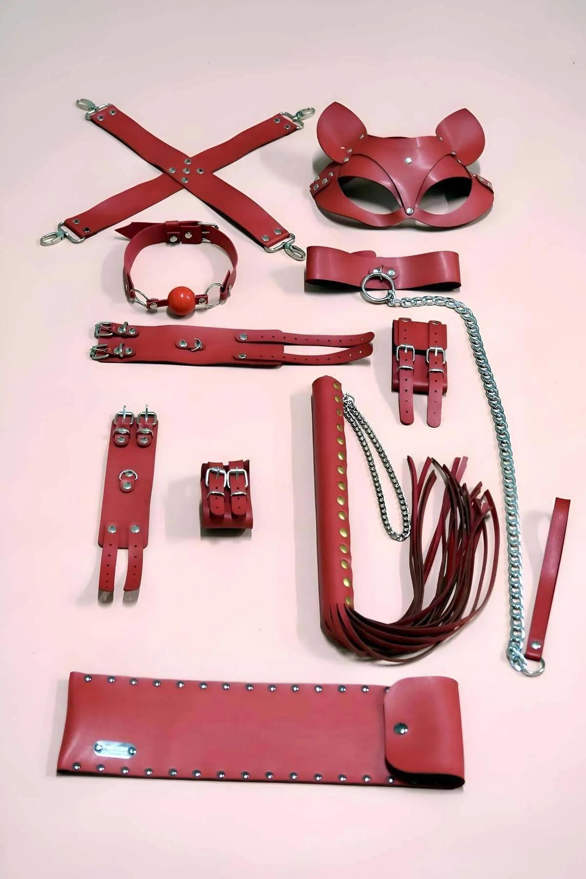 Luxury Red Leather BDSM Restraint Set with Cat Mask & Whip