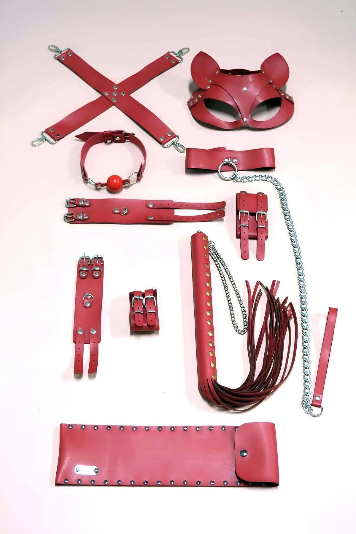 Luxury Red Leather BDSM Restraint Set with Cat Mask & Whip