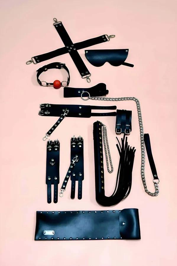 Black Vegan Leather Accessory & Restraint Set, 7-Piece
