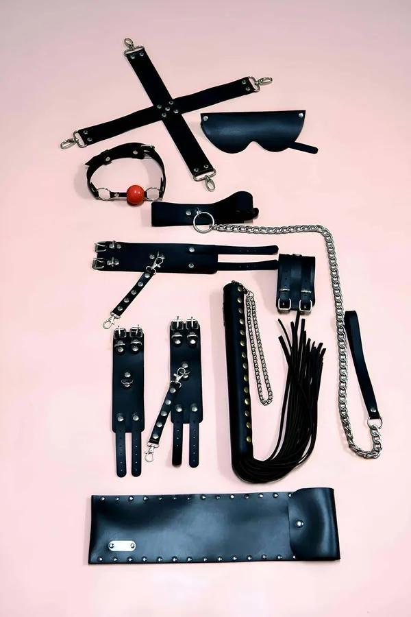 Black Vegan Leather Accessory & Restraint Set, 7-Piece