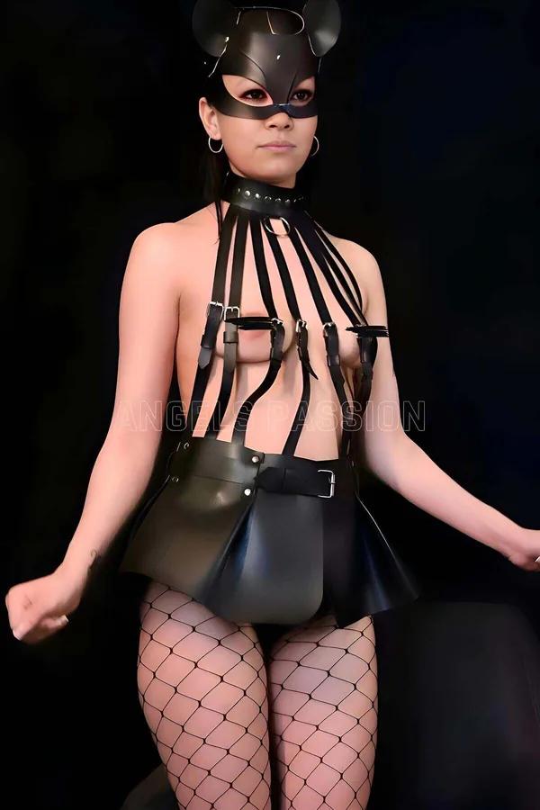 Leather Harness Set with Pleated Skirt & Cat Mask