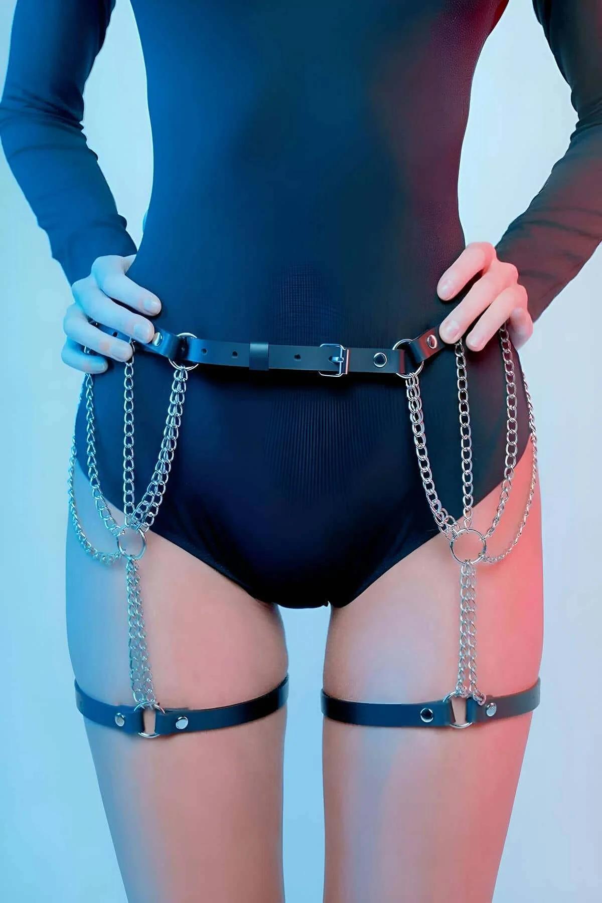 Black Vegan Leather Garter Harness with Double Chain