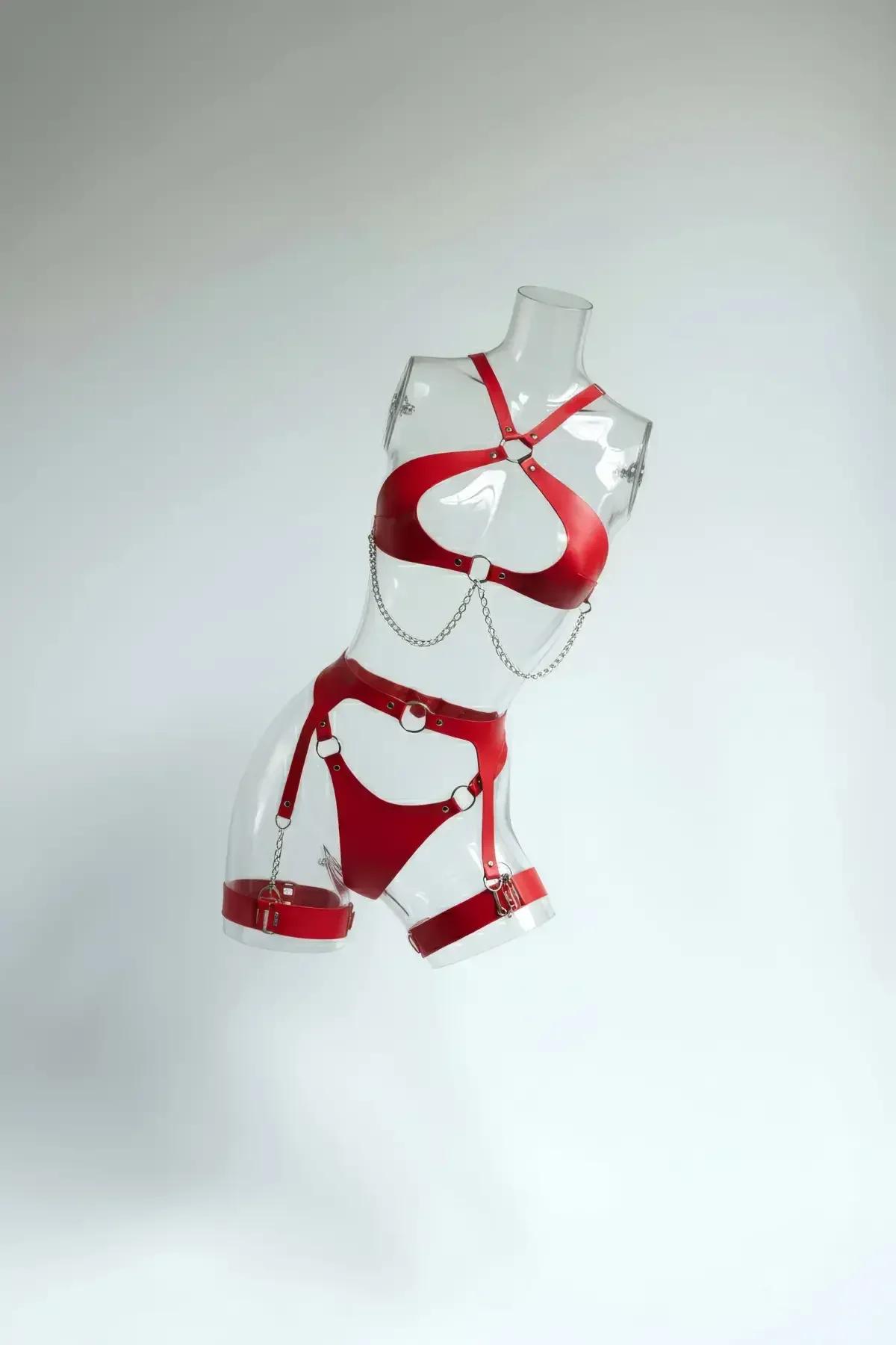 Red Faux Leather Body Harness Set with Chain Details