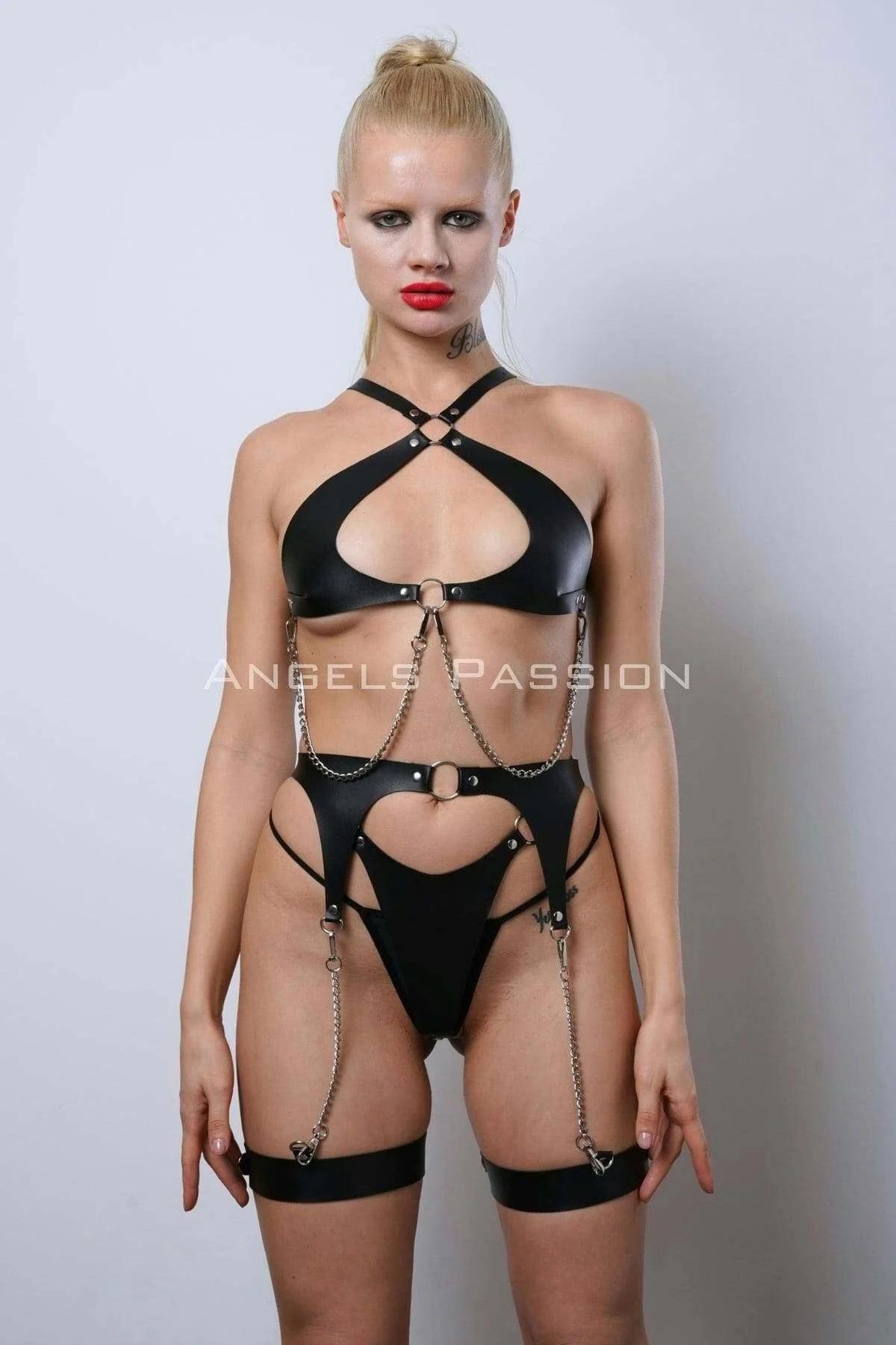 Leather Harness Set with Chains, Adjustable Garter Lingerie
