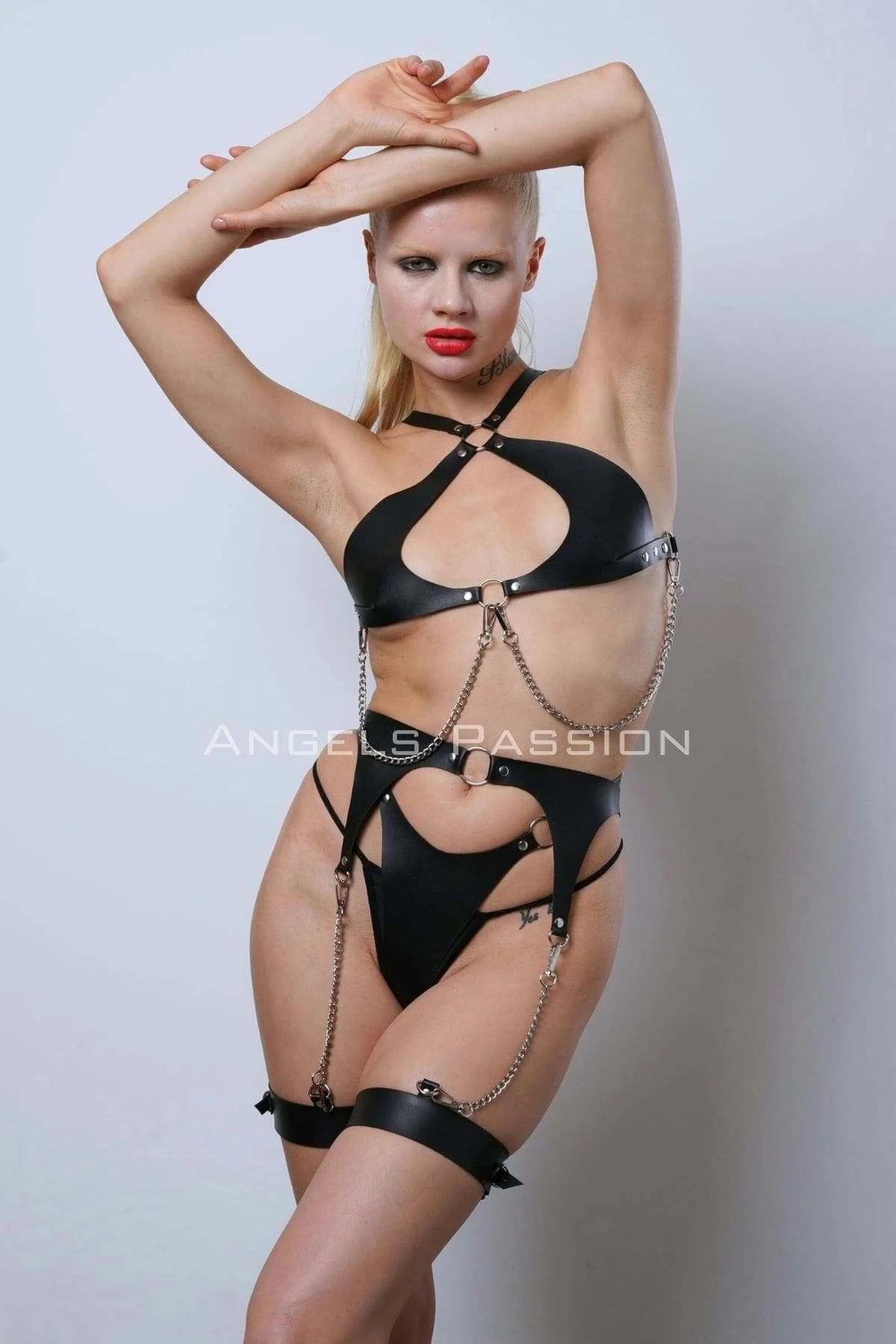 Leather Harness Set with Chains, Adjustable Garter Lingerie