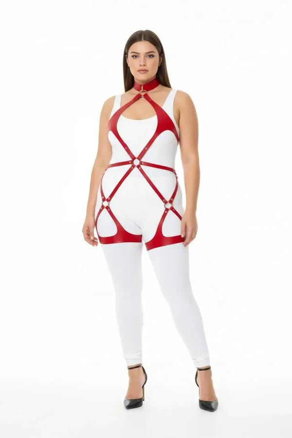 Red Faux Leather Full Body Harness with O-Ring Details