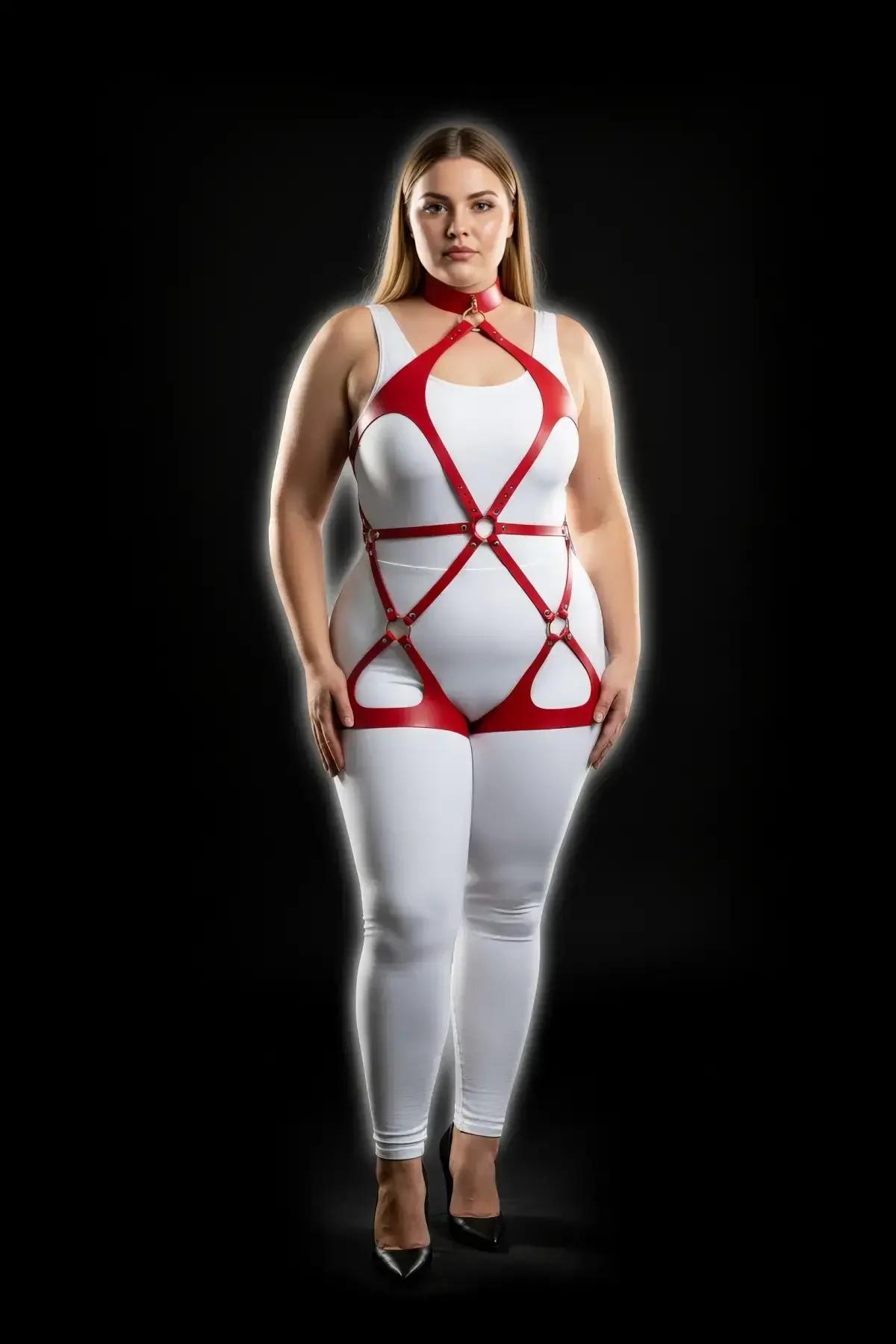Red Faux Leather Full Body Harness with O-Ring Details