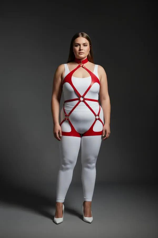 Red Faux Leather Full Body Harness with O-Ring Details