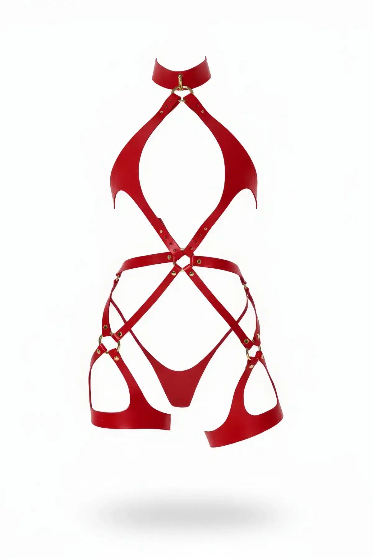 Red Faux Leather Caged Full Body Harness