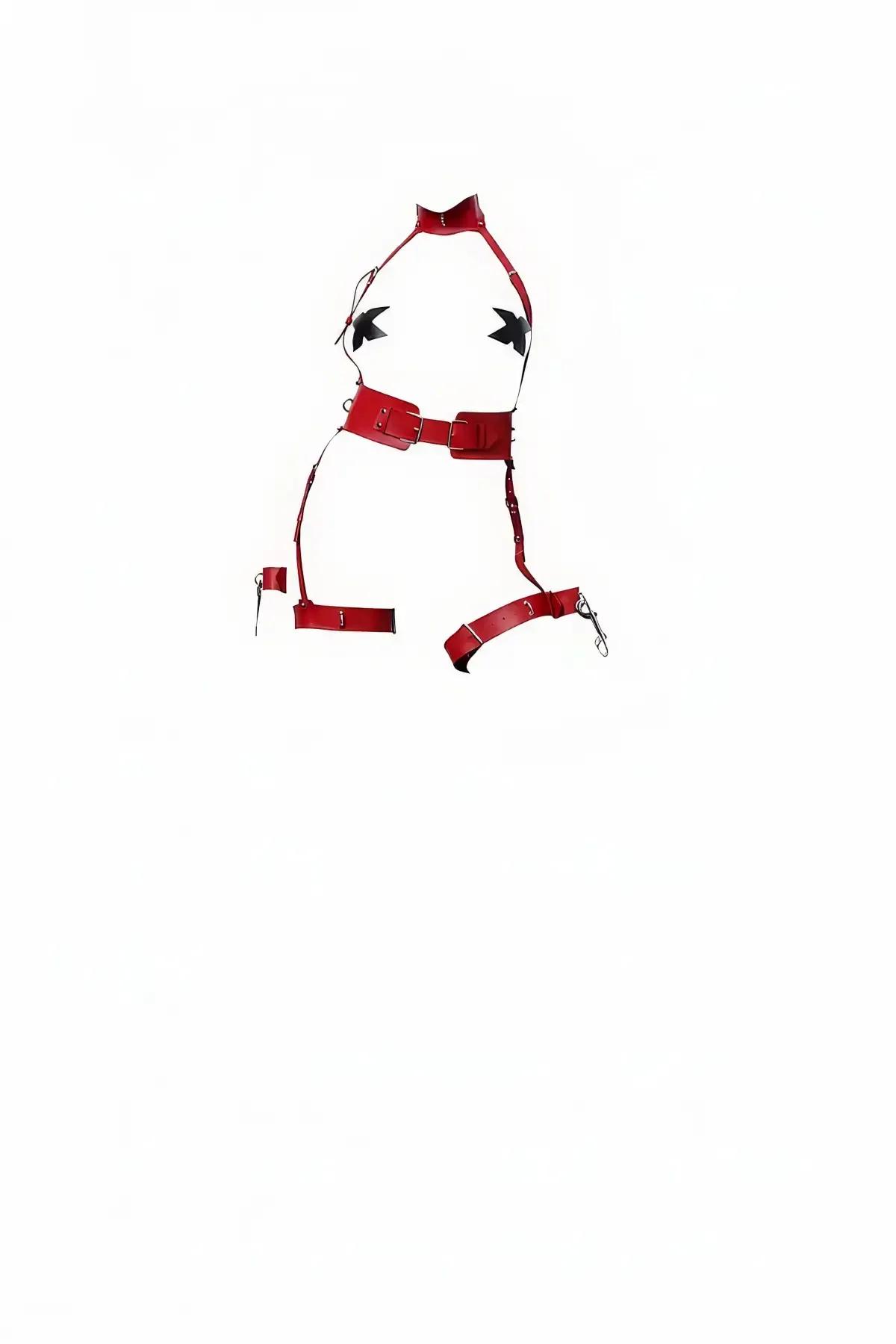 Red Faux Leather High Collar Body Harness with Waist Belt