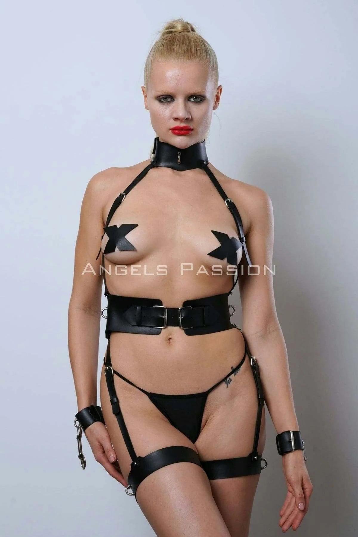 Leather Harness Set with Cuffs and Collar - Adjustable Full Body Lingerie