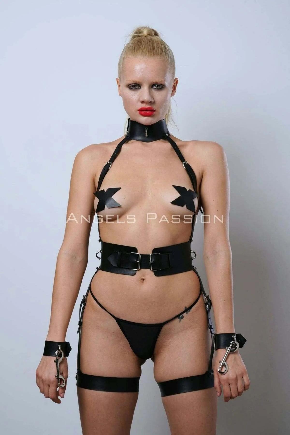 Leather Harness Set with Cuffs and Collar - Adjustable Full Body Lingerie