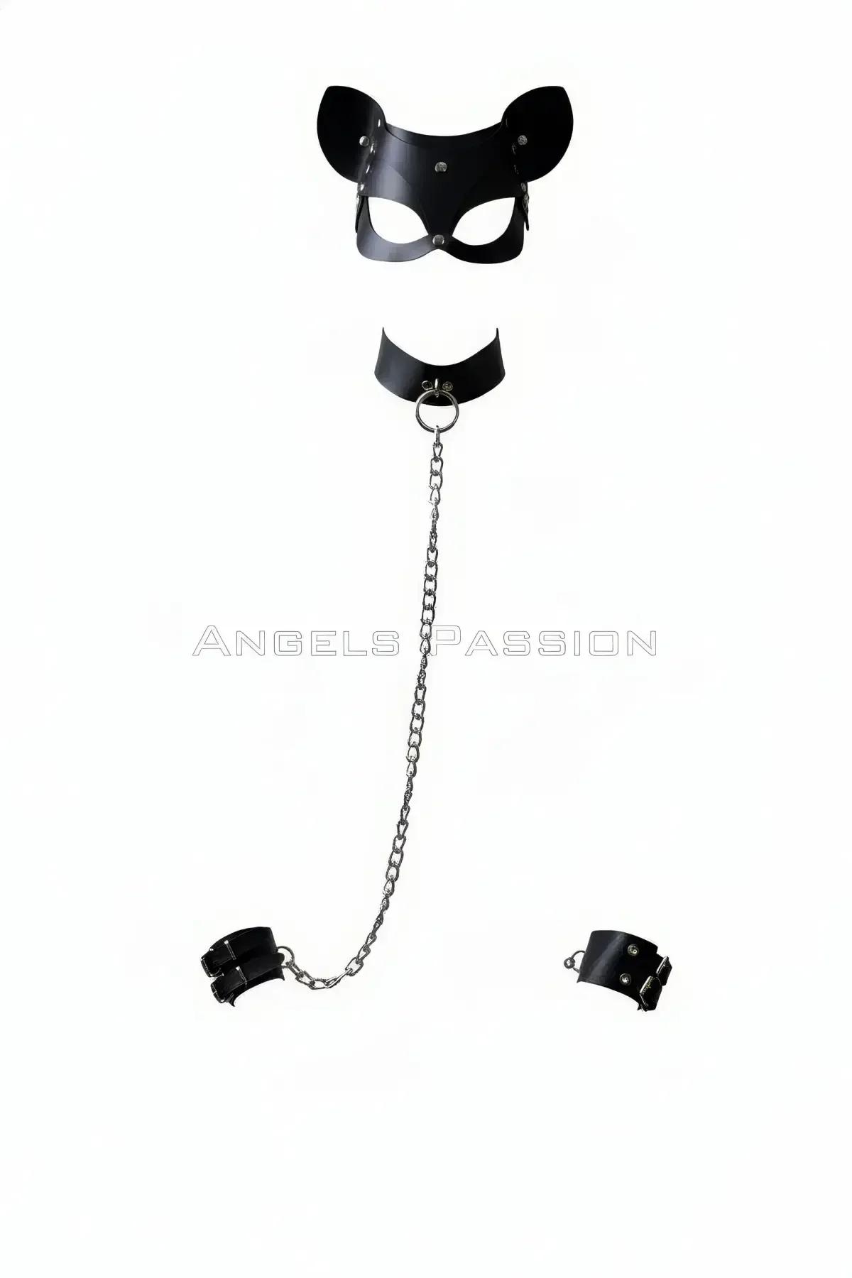 Faux Leather Cat Mask Set with Choker & Wrist Cuffs