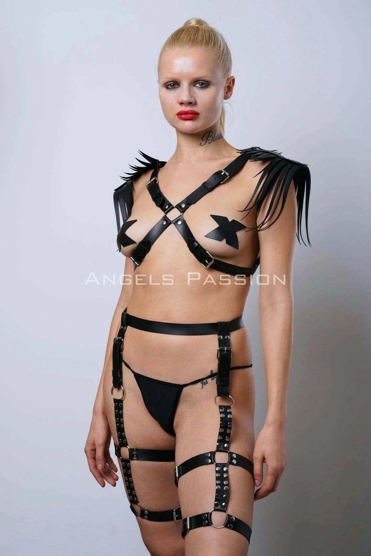 Leather Harness Garter Set with Feathered Shoulder Straps