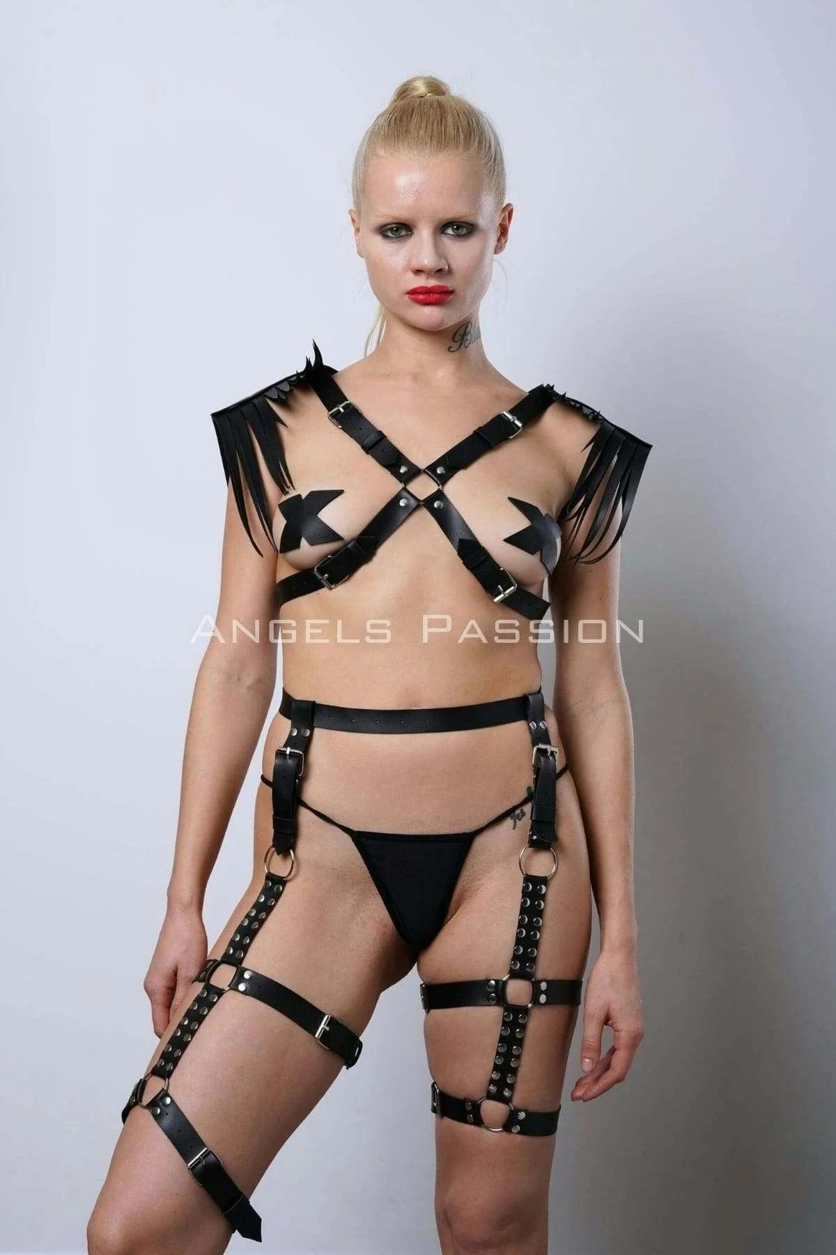 Leather Harness Garter Set with Feathered Shoulder Straps
