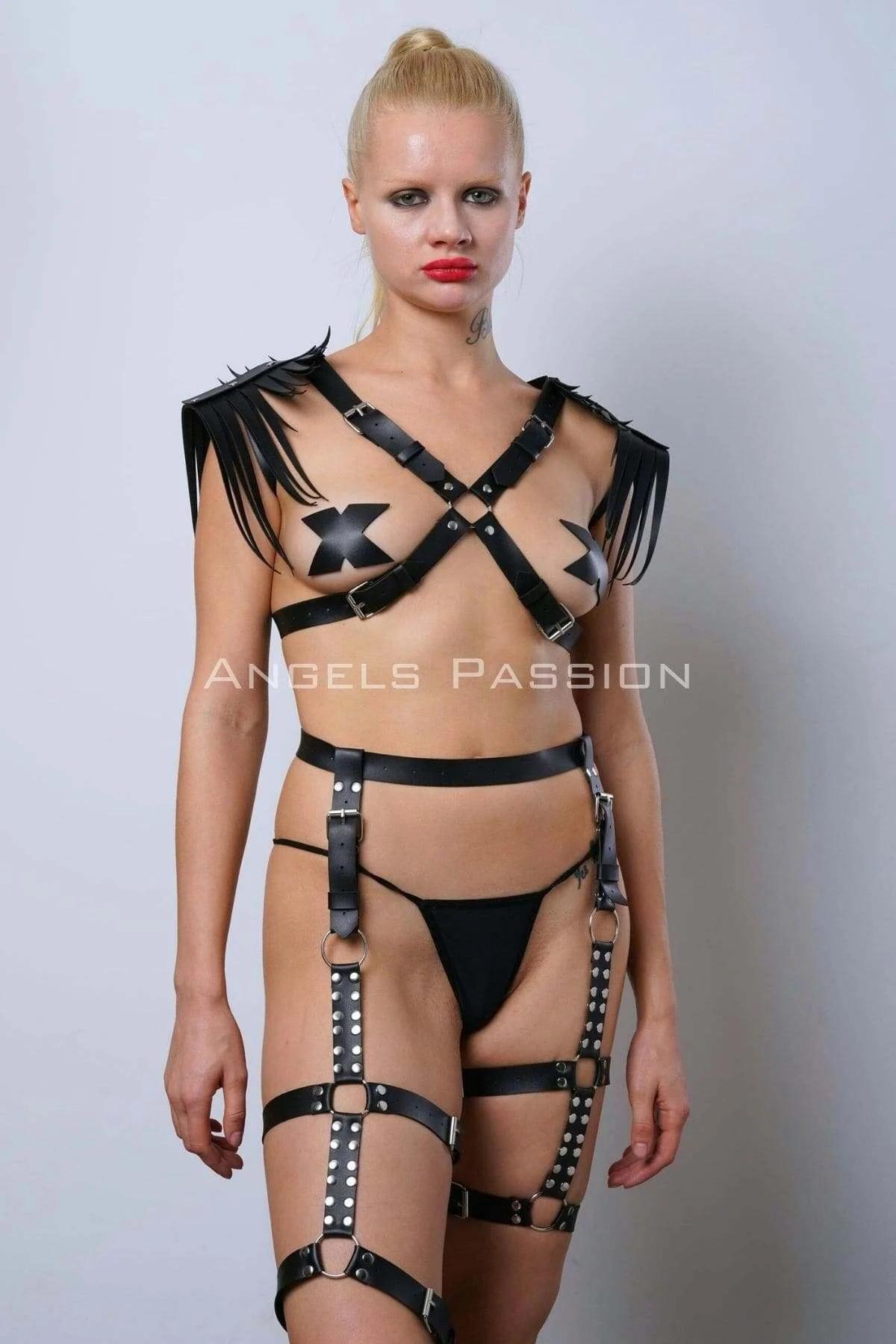 Leather Harness Garter Set with Feathered Shoulder Straps