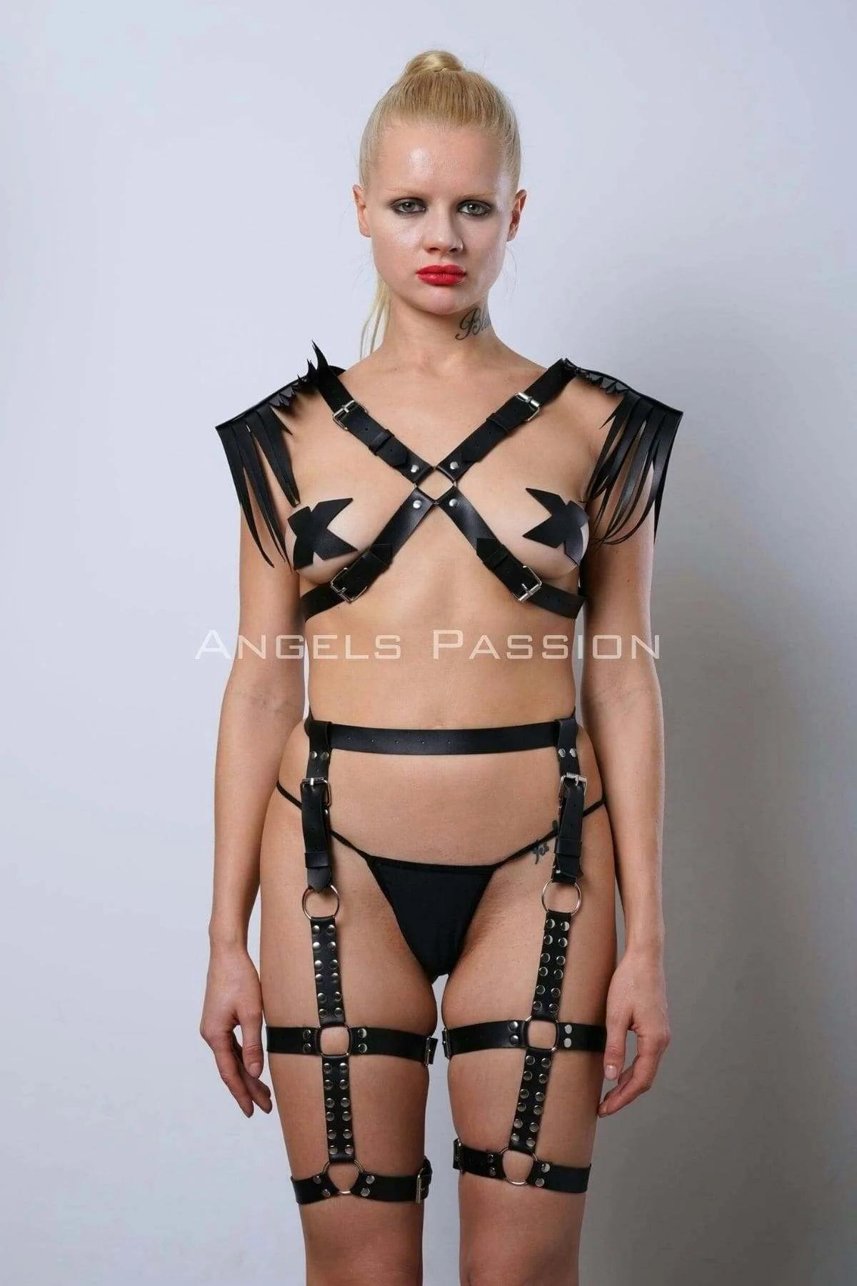 Leather Harness Garter Set with Feathered Shoulder Straps