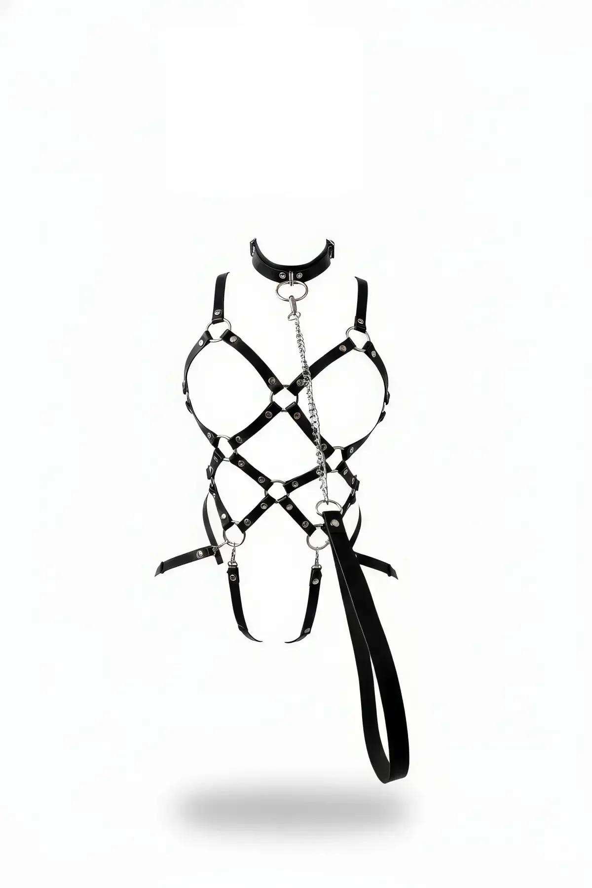 Caged Body Harness with Detachable Chain and Leash