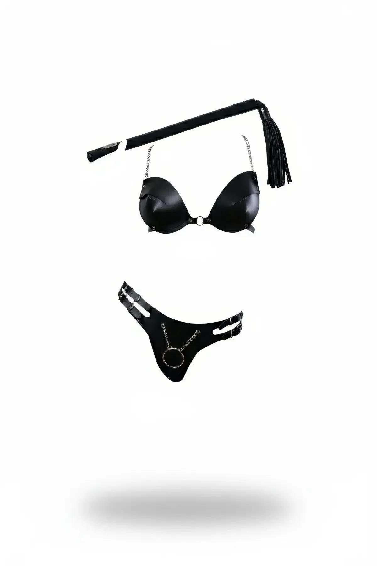 Faux Leather Bra & Thong Lingerie Set with Chains