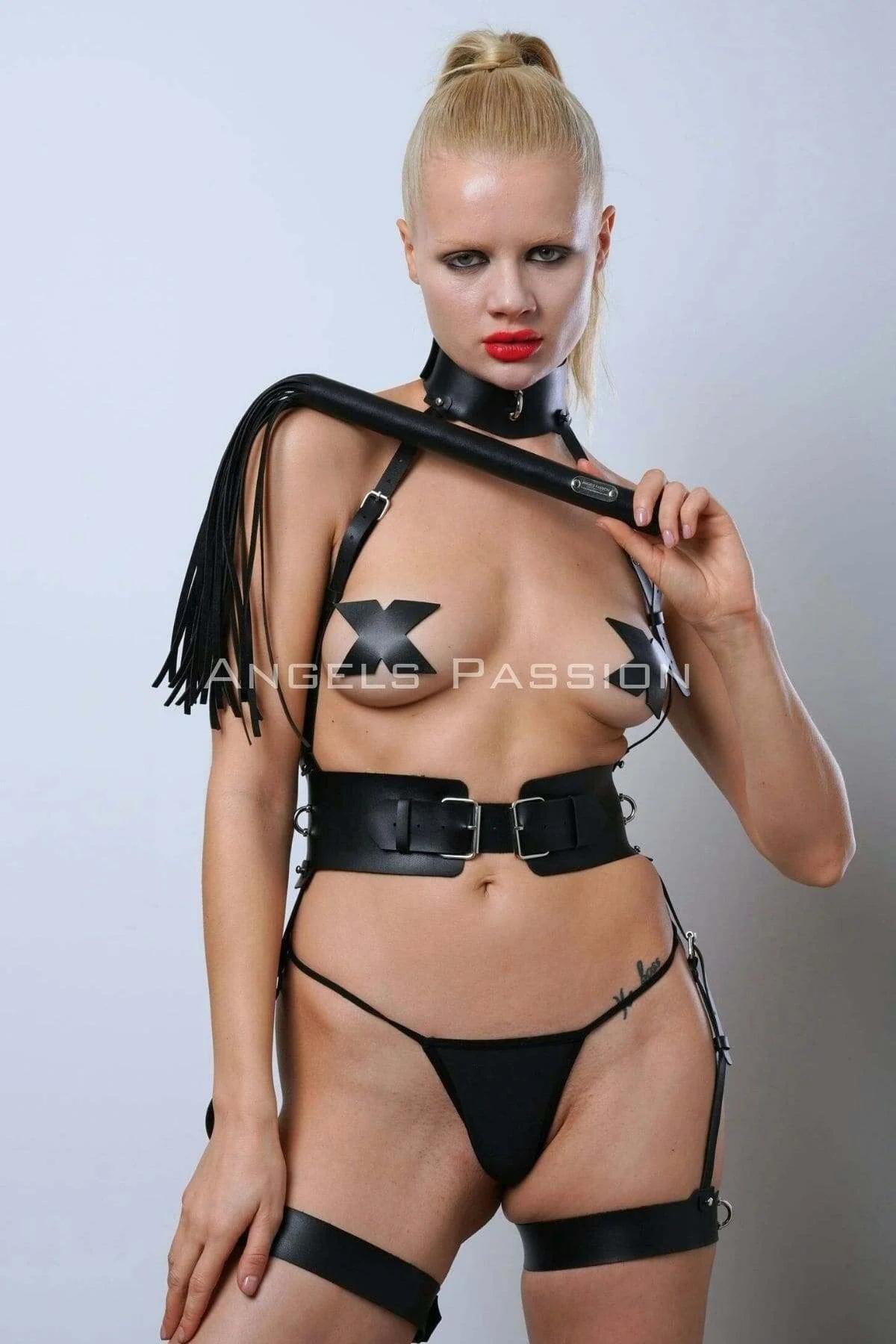 Leather Fantasy Body Harness Set with Whips & Handcuffs