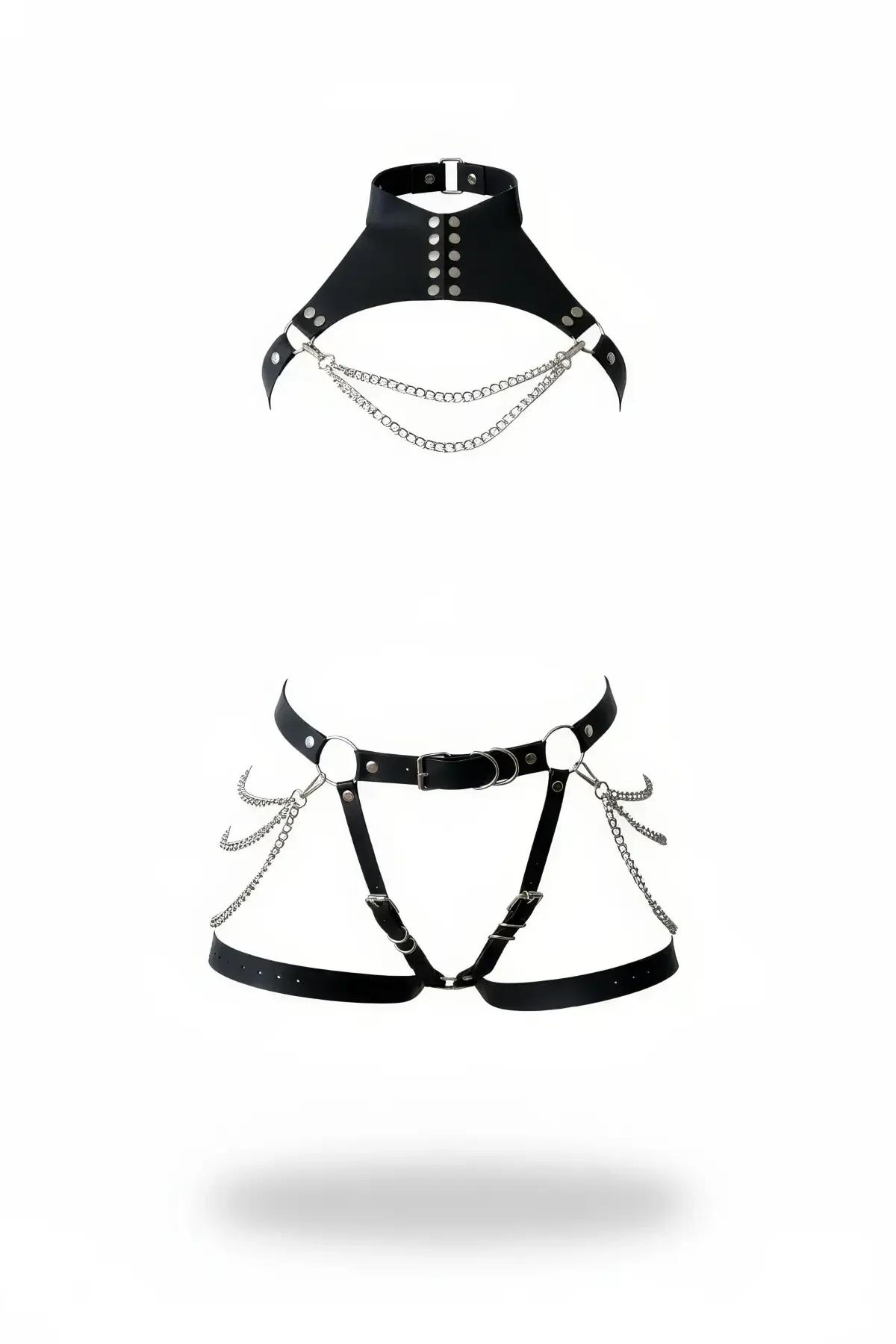 Choker Chest Harness and Thigh Garter Set with Draping Chains