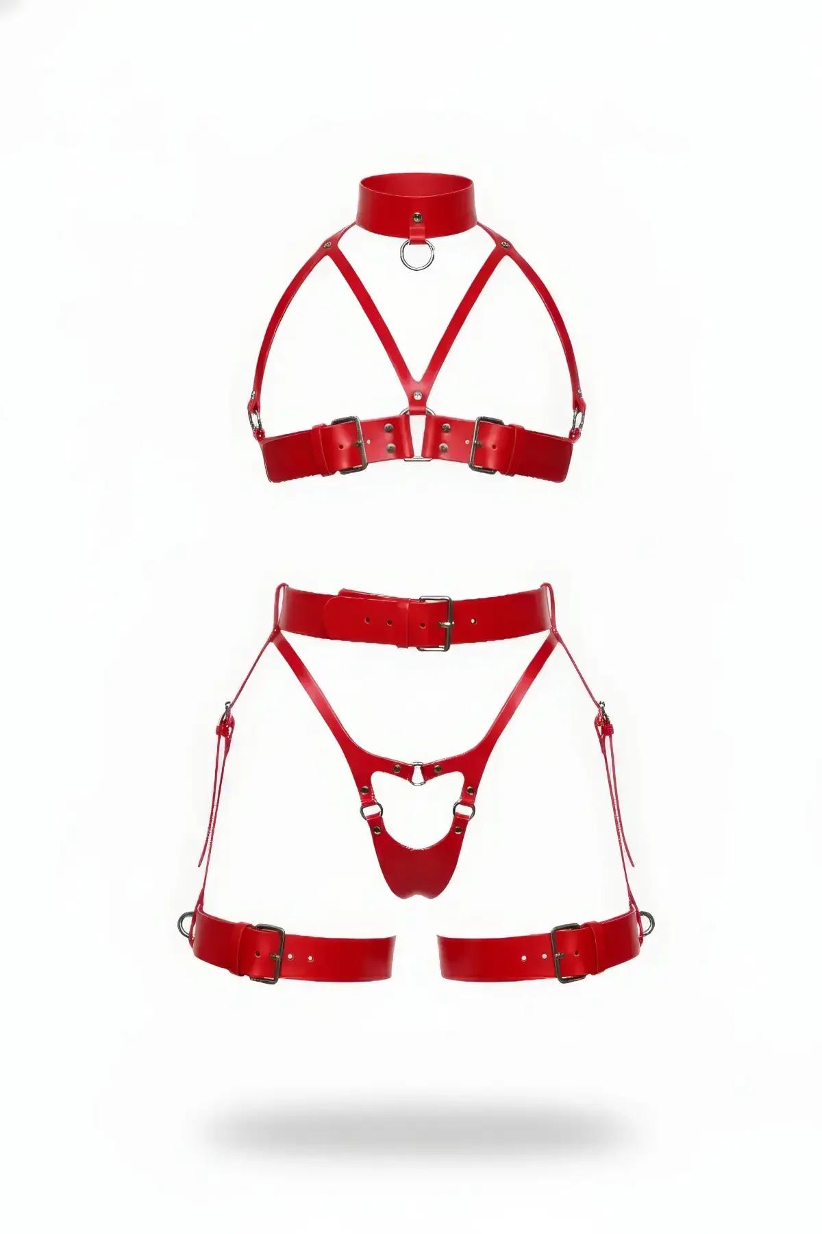Red Faux Leather Harness Lingerie Set with Choker & Garter