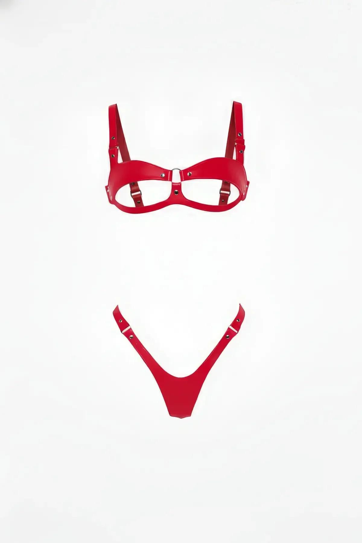 Open Cup Bra & Thong Harness Set in Radiant Red