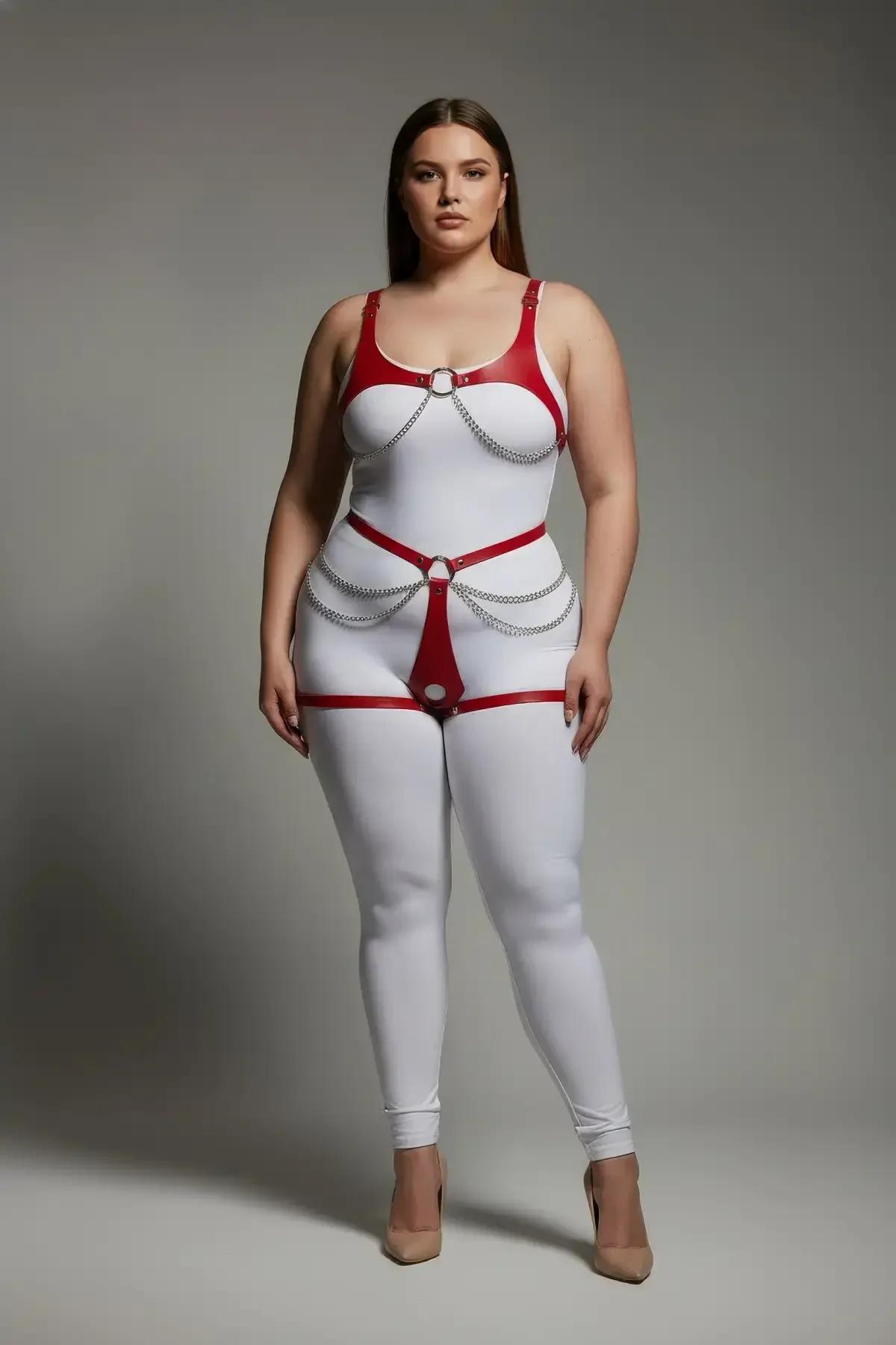 Red Faux Leather Body Harness with O-Rings & Chains
