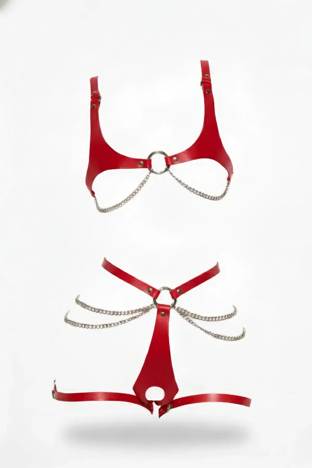 Red Faux Leather Body Harness Set with Chain Details