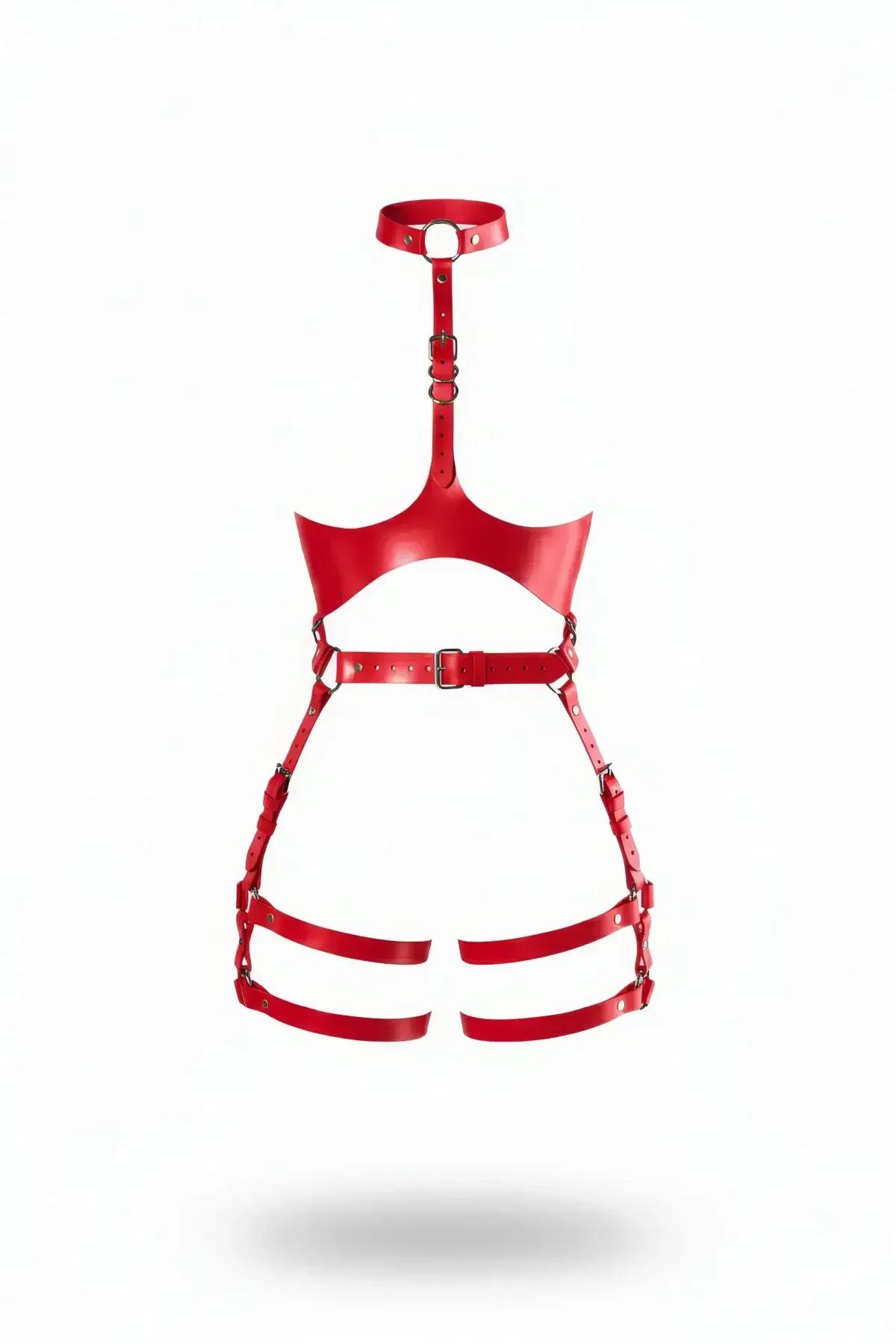 Red Faux Leather Cage Harness with Choker and Thigh Straps